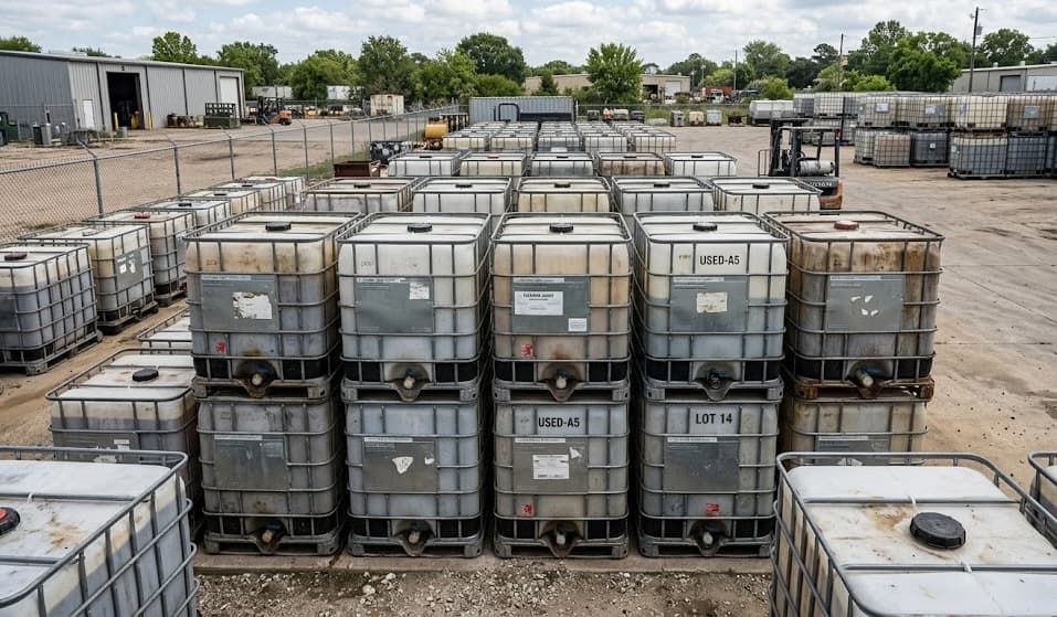 Outdoor yard with rows of used IBC totes ready for collection and processing