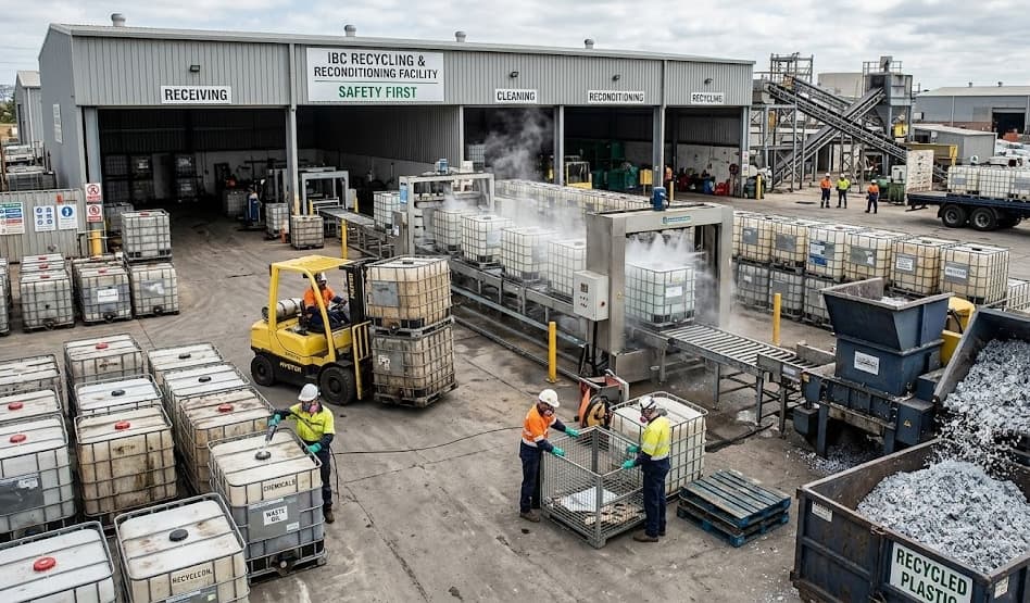 IBC Recycling and Reconditioning Facility with workers, steam cleaning process, and forklifts in operation